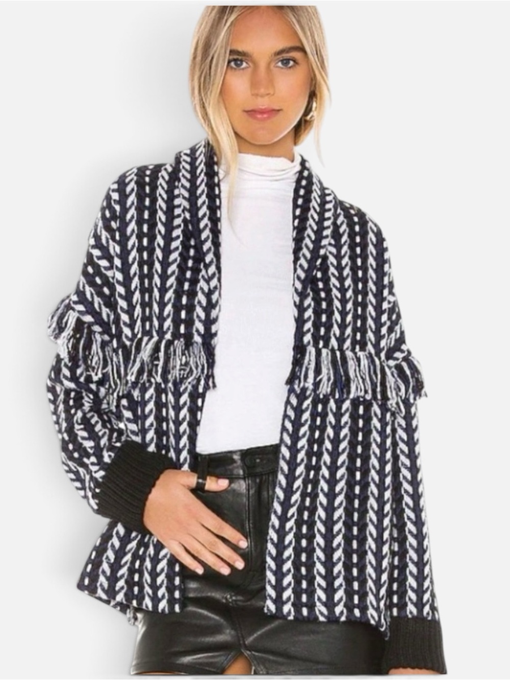 Cupcakes & Cashmere Fringe Jacket Navy White Black Size M Coastal Cowgirl Boho